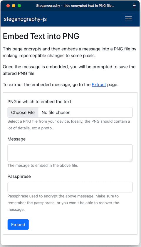 Steganography Js screenshot - Embed
